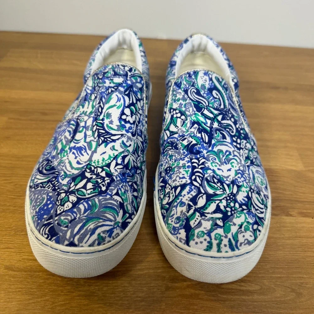 Lilly Pulitzer Blue Green Paisley Slip On Sneakers Metallic Gold Trim 001293 9
